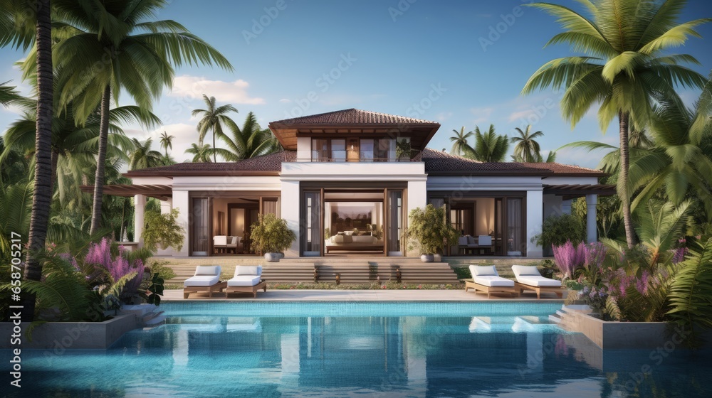 Luxurious decor house with large pool pergola palm trees and whirlpool 3D illustration