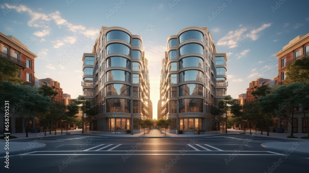 Modern symmetrical architecture in downtown condominium and apartment building - obrazy, fototapety, plakaty 