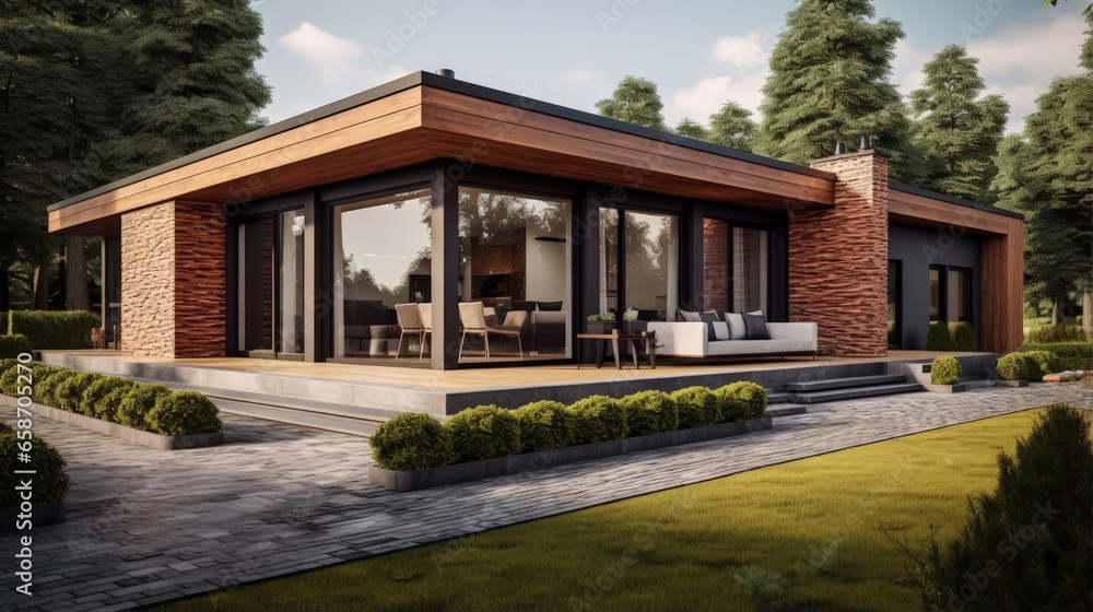 Contemporary single story house Brick and wood exterior 3D rendering