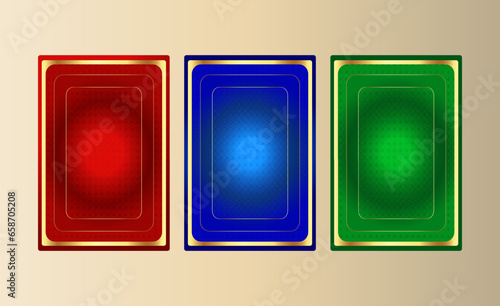 Five poker playing cards on a 3-color background red, blue, and green backside design