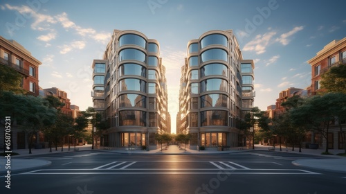 Modern symmetrical architecture in downtown condominium and apartment building