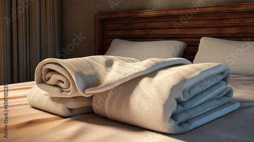Bed in hotel room has two t...