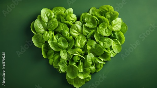 Green heart on kraft paper Heart shape in fresh spinach leaves Vegan Valentine concept Copy space Love for green vegetables photo