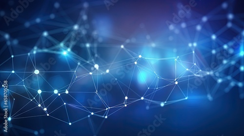 Abstract technology network with connected line dots on blue polygon background