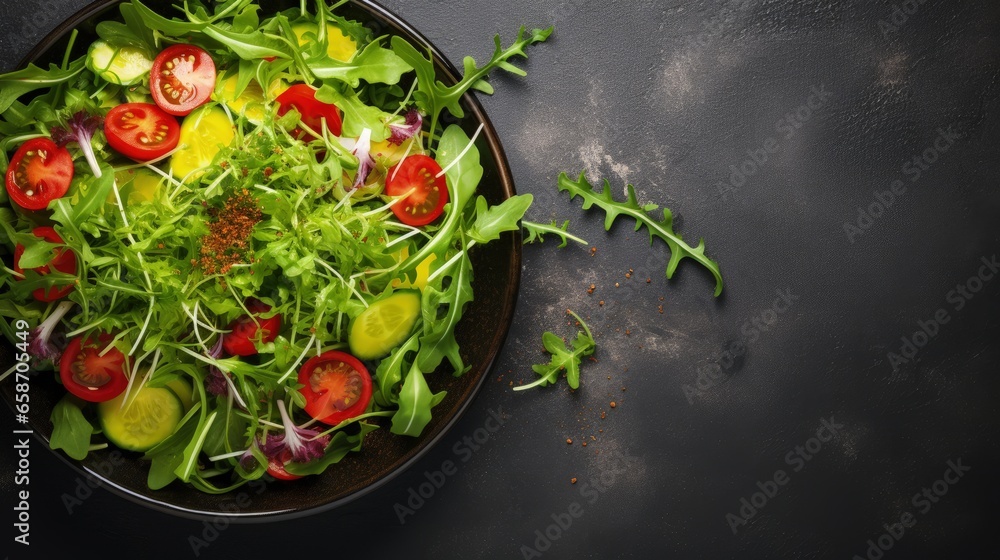 Fresh salad with tomatoes and microgreens on concrete background Healthy food top view Fresh salad with tomatoes and microgreens on concrete background Healthy food top view