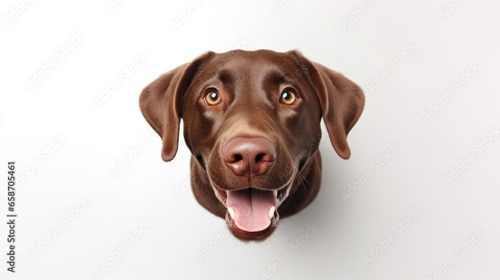 Funny chocolate color labrador having fun isolated on white background