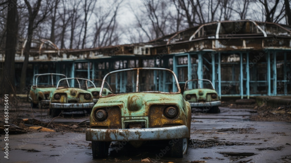 Abandoned amusement car ride in Chernobyl s Ghost City of Pripyat Abandoned amusement car ride in Chernobyl s Ghost City of Pripyat