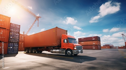 Cargo trucks transport logistics and distribute shipments of packaged boxes at a dock warehouse in the supply chain