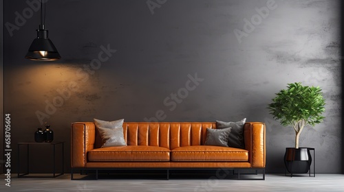 Dark leather sofa and minimal decoration in living room on two tone wall 3D rendering