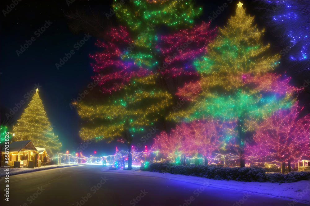 Enchantment of Christmas lights, beautifully lit Christmas trees and an outdoor display - Long exposure