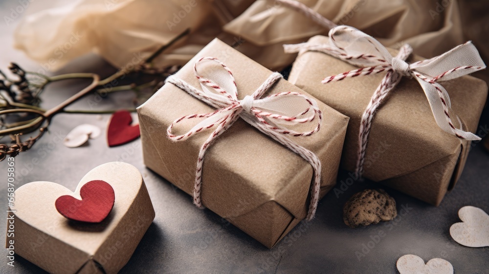Eco friendly gift concept with organic decorations in craft paper boxes Eco friendly gift concept with organic decorations in craft paper boxes