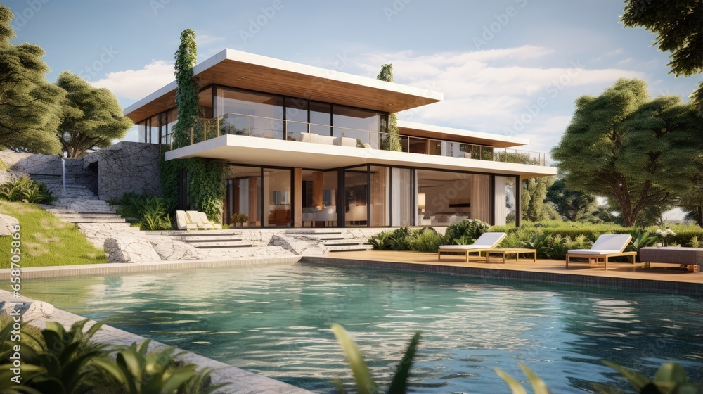 Fototapeta premium Contemporary villa garden view pool included