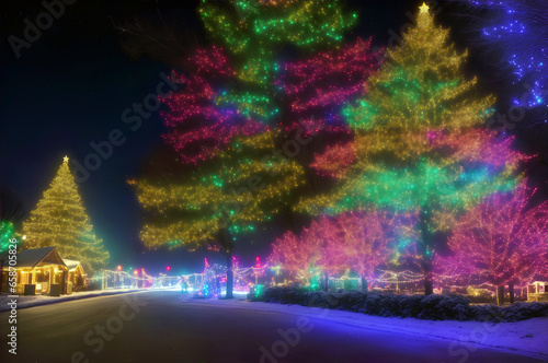 Enchantment of Christmas lights, beautifully lit Christmas trees and an outdoor display - Long exposure