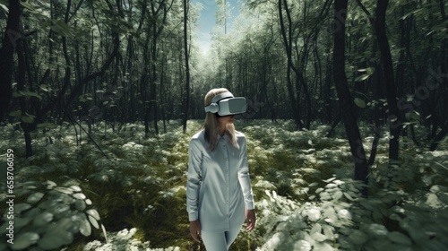 3D illustration of a woman in a VR headset exploring a forest Unique design concept for VR travel