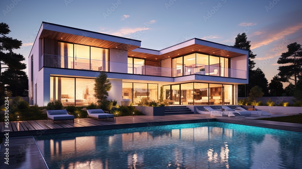 3D illustration of a private luxury house at sunset