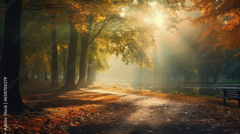 Beautiful autumn scenery with trees leaves fog and sunlight in a park