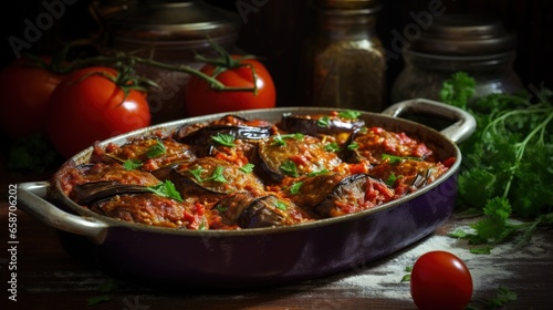 Eggplant with tomato garlic and paprika baked