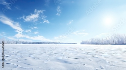 Bright snowy winter landscape with empty field space for display against a light blue icy sky © vxnaghiyev