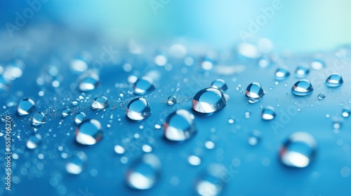 Delicate water droplets on a gradient blue background  gleaming with reflected light.