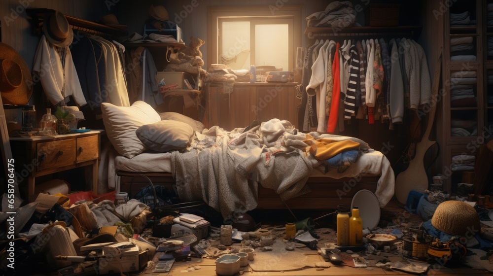 Messy room with winter clothes - obrazy, fototapety, plakaty 