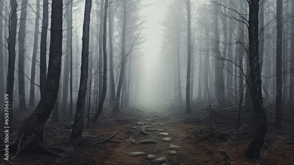 Obraz premium Misty morning in eerie forest with fog