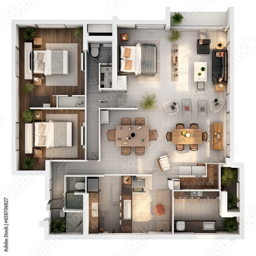 Residential floor plans, various rooms fully furnished, ready to move into. Created by AI. photo