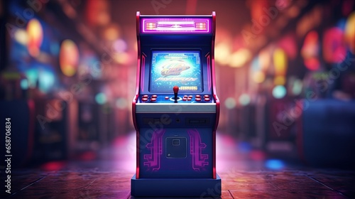 Arcade machine with joystick and buttons in 3D rendering picture