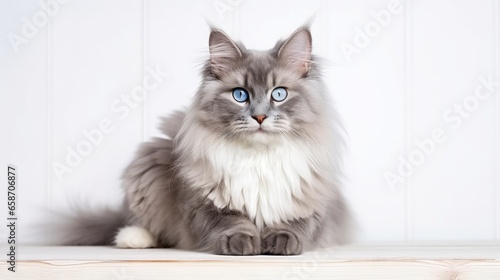 Adorable Maine Coon cat with stunning blue eyes resting on white table