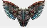Steampunk wings with cogwheel background. Futuristic 3d mechanical wings with gears and steel metallic feathers with flight and fuel supply design