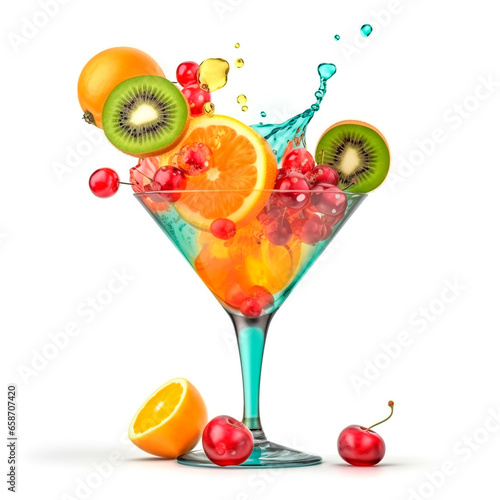 Tropical fruits falling into cocktail glass background. Colorful pieces 3d purple mango with pineapple and citrus drop with digital design and natural glow