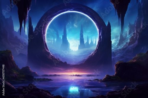 Futuristic landscape featuring a cold, unknown planet with neon lights, a galaxy portal, and a dark natural scene with light reflecting in water. Generative AI