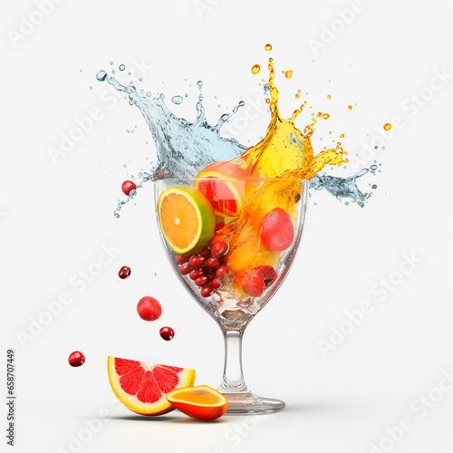 Tropical fruits falling into wineglass background. Colorful pieces 3d red grapefruit with pomegranate and citrus drop with digital design and natural glow