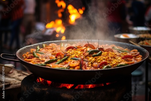 A sumptuous paella, ingredients glistening invitingly, is set against the vibrant, blurred backdrop of a teeming Spanish marketplace.