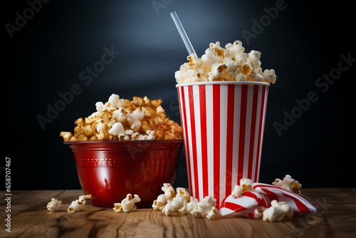 Striped bucket with popcorn and cola in cup. Generative AI
