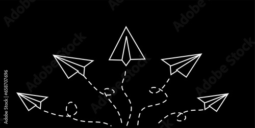 One line Group of paper planes flying in one direction and one turning in another direction. Business concept for new ideas, innovative solution and creativity. Black background