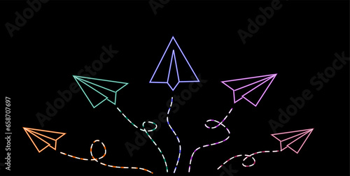 One line Group of paper planes flying in one direction and one turning in another direction. Business concept for new ideas, innovative solution and creativity. Black background