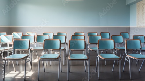 A row of empty chairs facing a classroom whiteboard, awaiting students.
