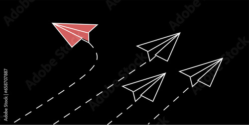 One line Group of paper planes flying in one direction and one turning in another direction. Business concept for new ideas, innovative solution and creativity. Black background