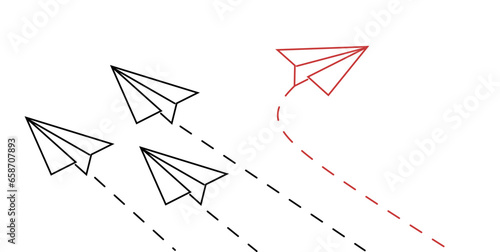 Group of paper planes flying in one direction and one turning in another direction. Business concept for new ideas, innovative solution and creativity.