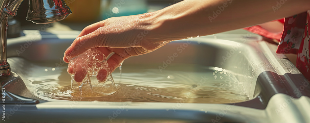 Housewife washes hands or dishes detail. Cleaning Hands. hygiene concept. - obrazy, fototapety, plakaty 