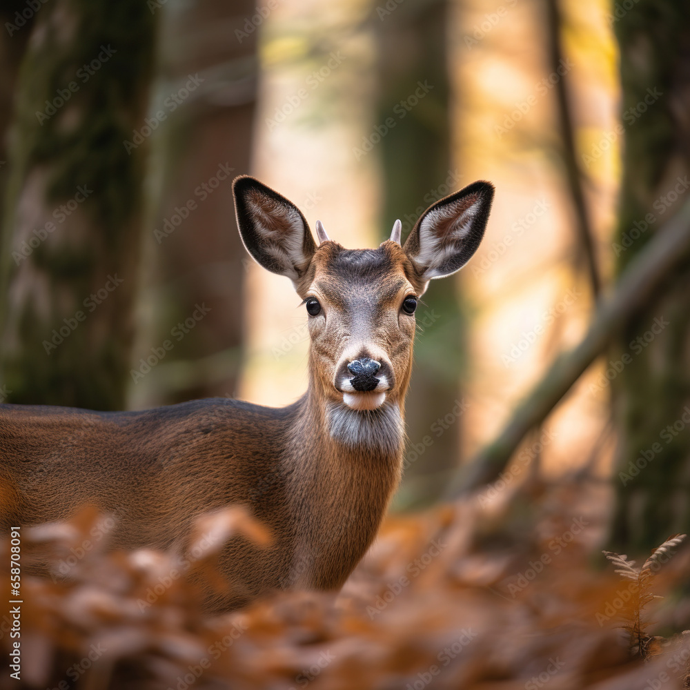 Serene Encounter: Doe in the Autumn Woods,deer in the woods,deer in the forest