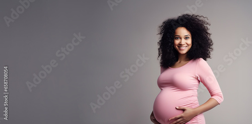 banner pregnant black woman in pink dress holds hands on belly , Pregnancy, maternity, preparation and expectation, copyspace for text, generative ai.