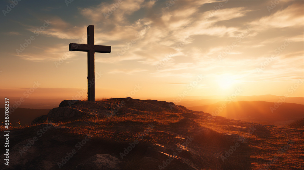 Wooden cross silhouette against a dramatic sunset sky on a hill, symbolizing hope and faith
