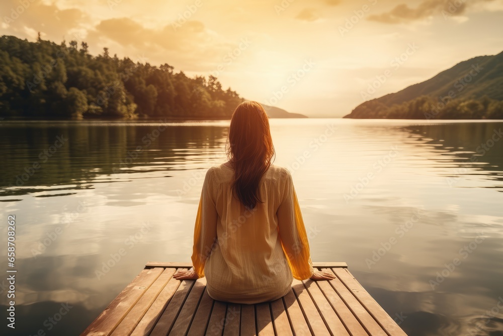 A woman enjoying the peaceful view of a lake from a dock