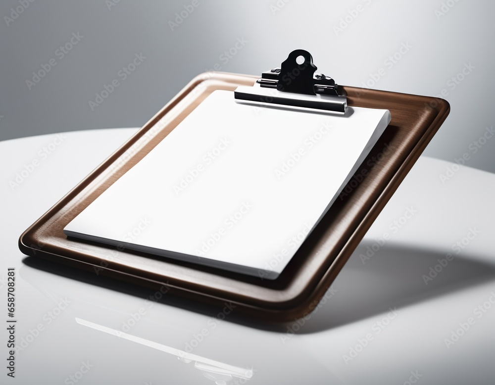 Paper on clipboard mock-up with eucalyptus branches on the white table Paper on clipboard mock-up with eucalyptus branches on the white table