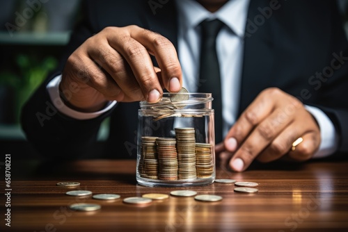 A man saving money in a glass jar photo