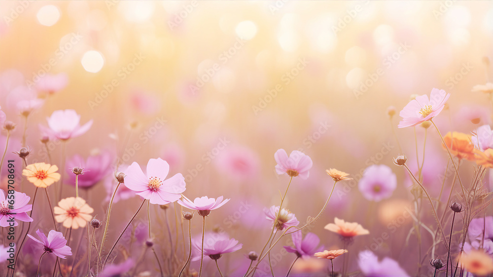 Dreamy field of cosmos flowers illuminated by soft sunlight, creating a serene and magical atmosphere