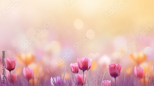 Dreamy field of cosmos flowers illuminated by soft sunlight, creating a serene and magical atmosphere