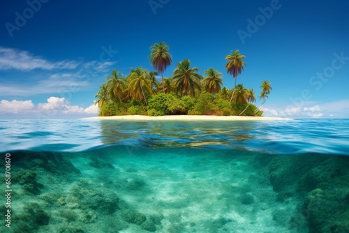 beautiful island with palm trees and clear blue water. Generative AI