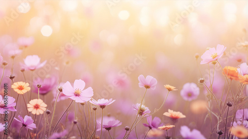 Dreamy field of cosmos flowers illuminated by soft sunlight  creating a serene and magical atmosphere